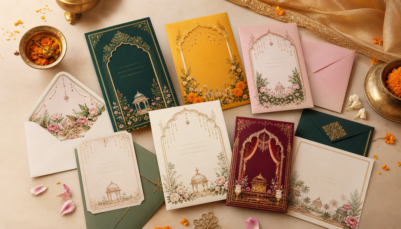 Premium wedding invitation card designs flat lay